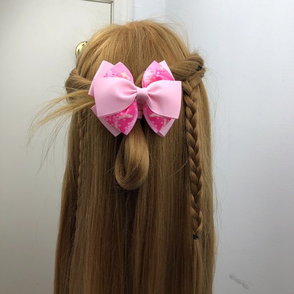 🎀HANDMADE(MTO)🎀 - Multiple Layers Hair Elastic Bows - Pink Floral Printed Ribbon - Picture 6 of 8